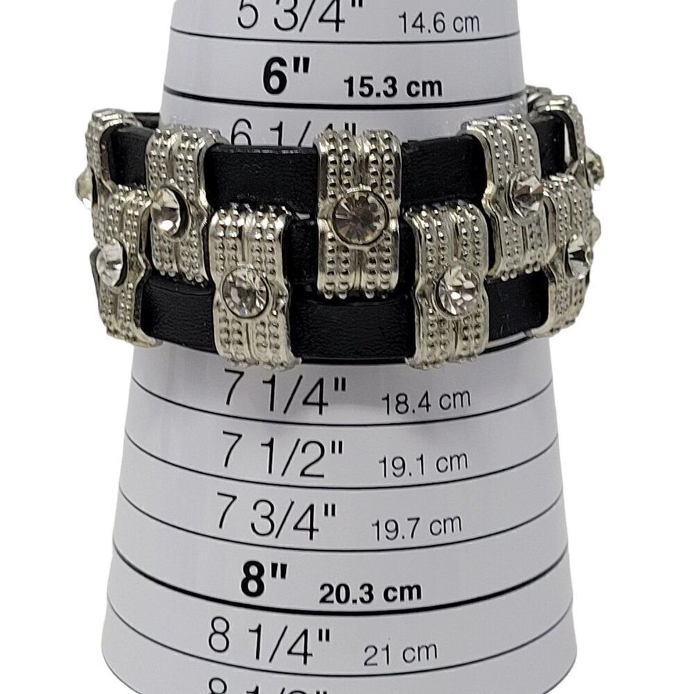 Steampunk Wide Black Leather Bracelet Checker Studded Rhinestone Streetwear‎ - Picture 2 of 8